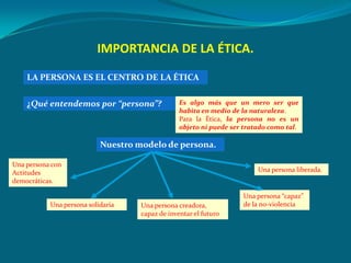 IMPORTANCIA DE LA ÉTICA.

    LA PERSONA ES EL CENTRO DE LA ÉTICA


    ¿Qué entendemos por “persona”?               Es algo más que un mero ser que
                                                 habita en medio de la naturaleza.
                                                 Para la Ética, la persona no es un
                                                 objeto ni puede ser tratado como tal.

                           Nuestro modelo de persona.

Una persona con
Actitudes                                                                Una persona liberada.
democráticas.

                                                                    Una persona “capaz”
           Una persona solidaria    Una persona creadora,           de la no-violencia
                                    capaz de inventar el futuro
 