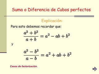Suma o Diferencia de Cubos perfectos   Explicación: Para esto debemos recordar que: y Casos de factorización. 