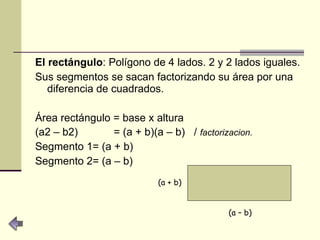 El rectángulo : Polígono de 4 lados. 2 y 2 lados iguales. Sus segmentos se sacan factorizando su área por una diferencia de cuadrados. Área rectángulo = base x altura (a2 – b2)  = (a + b)(a – b)  /  factorizacion. Segmento 1= (a + b) Segmento 2= (a – b) (a – b) (a + b) 
