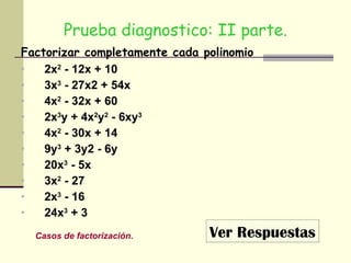 Prueba diagnostico: II parte. Factorizar completamente cada polinomio 2x 2  - 12x + 10 3x 3  - 27x2 + 54x 4x 2  - 32x + 60 2x 3 y + 4x 2 y 2  - 6xy 3 4x 2  - 30x + 14 9y 3  + 3y2 - 6y 20x 3  - 5x 3x 2  - 27 2x 3  - 16 24x 3  + 3 Ver Respuestas Casos de factorización. 