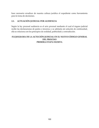 100
hace necesario erradicar de nuestra cultura jurídica el expediente como herramienta
para la toma de decisiones.
2.3. ACTUACIÓN JUDICIAL POR AUDIENCIA
Según la ley procesal audiencia es el acto procesal mediante el cual el órgano judicial
recibe las declaraciones de partes o terceros; y se adelanta sin solución de continuidad,
ella se relaciona con los principios de oralidad, publicidad y contradicción.
FLUJOGRAMA DE LA ACTUCIÓN JUDICIAL EN EL NUEVO CÓDIGO GENERAL
DEL PROCESO
PRIMERA ETAPA ESCRITA
 