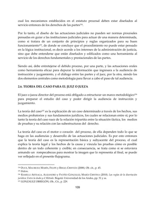 109
cual los mecanismos establecidos en el estatuto procesal deben estar diseñados al
servicio entonces de los derechos de las partes234
.
Por lo tanto, el diseño de las actuaciones judiciales no pueden ser normas procesales
pensadas en guiar a las instituciones judiciales para actuar de una manera determinada,
como si tratara de un conjunto de principios y reglas organizados para su buen
funcionamiento235, de donde se concluye que el procedimiento no puede estar pensado
en la lógica institucional, es decir acorde a los intereses de la administración de justicia,
sino que debe entenderse que están diseñados y edificados como una herramienta al
servicio de los derechos fundamentales y prestacionales de las partes.
Siendo así, debe entretejerse el debido proceso, por una parte, y las actuaciones orales
como herramienta eficaz para depurar la información que ingresara a la audiencia de
instrucción y juzgamiento, y el diálogo entre las partes y el juez, por la otra, siendo los
dos elementos centrales como metodología para llevar a cabo el paso de tal audiencia.
2.6. TEORIA DEL CASO PARA EL JUEZ O JUEZA
El juez o jueza director del proceso está obligado a estructurar un marco metodológico236
para preparar el estudio del caso y poder dirigir la audiencia de instrucción y
juzgamiento.
La teoría del caso237 es la explicación de un caso determinado a través de los hechos, sus
medios probatorios y sus fundamentos jurídicos, los cuales se relacionan entre sí; por lo
tanto la teoría del caso nace de la relación tripartita entre la situación fáctica, los medios
de pruebas y su relación con las subestructuras del derecho.
La teoría del caso es el motor o corazón del proceso, de ella dependen todo lo que se
haga en las audiencias y desarrollo de las actuaciones judiciales. Es por esto entonces
que la teoría del caso es la representación básica y subyacente del proceso, el cual
explica la teoría legal y los hechos de la causa y vincula las pruebas cómo es posible
dentro de un todo coherente y creíble; en consecuencia, se trata como si se estuviera
armando un rompecabezas para mostrar la imagen que lo representa al final, se puede
ver reflejado en el presente flujograma.
234 DUCE, MAURICIO; MARÍN, FELIPE y RIEGO, CRISTIÁN (2008). Ob. cit., p. 45.
235 Ibídem.
236 RAMELLI ARTEAGA, ALEJANDRO y PATIÑO GONZÁLEZ, MARÍA CRISTINA (2010). Las reglas de la disertación
jurídica: Entre la duda y el Método. Bogotá: Universidad de los Andes, pp. 51 y ss.
237 GONZALEZ OBREGÒN, Ob., Cit., p. 229.
 