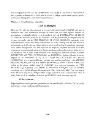 134
Con la experiencia del caso de GUILLERMO y MARCELA, que invita a reflexionar al
juez o jueza a utilizar todo el poder que le brinda el código puede hacer justicia pronta,
exhortando a las partes a solucionar sus diferencias.
Miremos el presente caso de alimentos:
LINA VS. ENRIQUE
LINA de (18) años de edad, demanda a su padre extramatrimonial ENRIQUE para que le
suministre una cuota alimentaria, teniendo en cuenta que ella cursa segundo semestre de
arquitectura, su abogada solicita en la demanda el pago de DOSMILLONES DE PESOS
($2.00.000.00) mensuales, situación que ilusiona a LINA. Su padre ENRIQUE responde que sus
ingresos mensuales son de SEIS MILLONES DE PESOS ($6.000.000) mensuales como
asalariado de una entidad del Estado, además señala que él está casado y tiene dos hijos más en la
universidad uno de 25 años que está en último semestre de Derecho y el segundo de 17años que
inicia carrera de ingeniería civil. Por invitación del despacho, las partes acudieron a una fase
preparatoria antes de la audiencia de conciliación, en el desarrollo de ella pusieron al descubierto
las pruebas del caso al juez o jueza, en la cual LINA tiene gastos mensuales por UN MILLÓN
DOSCIENTOS MIL PESOS ($1.200.000.000), que ENRIQUE según la certificación de sueldo
después de las deducciones de ley es de CINCO MILLONES CIEN MIL PESOS
($5.100.000.00), y entre gastos del hogar, los hijos y personal mensual están en los CUATRO
MILLONES OCHOCIENTOS MIL PESOS ($4.800.000.00), además la madre de LINA que
trabaja en la misma entidad estatal de ENRIQUE, tiene ingresos mensuales por TRES
MILLONES QUINIENTOS MIL PESOS ($3.500.000.00); ENRIQUE todos los semestres
contribuye con el (50%) del pago del matricula de LINA en la universidad. Para sustentar la
teoría del caso la abogada de LINA presenta 4 testigos y solicita al Juez o Jueza que oficie a todo el
sector financiero de la ciudad para demostrar que ENRIQUE puede tener más ingresos.
3.5. LIQUIDATORIO
El proceso liquidatario que esta prescripto en los artículos 473 a 530 del CGP, se puede
determinar su ruta en el siguiente flujo grama.
 