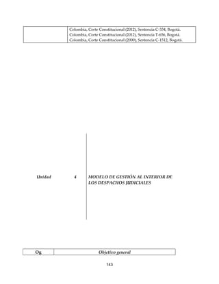 143
Colombia, Corte Constitucional (2012), Sentencia C-334, Bogotá.
Colombia, Corte Constitucional (2012), Sentencia T-656, Bogotá.
Colombia, Corte Constitucional (2000), Sentencia C-1512, Bogotá.
Unidad 4 MODELO DE GESTIÓN AL INTERIOR DE
LOS DESPACHOS JUDICIALES
Og Objetivo general
 