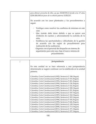 155
para obtener provecho de ellos, ya que MARTINA heredó a los 17 años
$200.000.000 de pesos de su abuelo paterno SERGIO.
De acuerdo con los casos planteados y los procedimientos a
seguir:
- Verifique como resolver los conflictos de intereses en este
caso.
- Que tramite debe darse debido a que se quiere una
rendición de cuentas y adicionalmente la custodia de la
niña.
- Establezca las oportunidades y dificultades de la gestión
de acuerdo con las reglas de procedimiento para
realización de las audiencias.
Organice con el personal del despacho un sistema de
seguimiento para este caso, bajo el nuevo sistema de
procedimiento.
j Jurisprudencia
En esta unidad no se hace referencia a una jurisprudencia
determinada se sugiere continuar con la establecida en la unidad
primera.
Colombia, Corte Constitucional (1992), Sentencia C-588, Bogotá.
Colombia, Corte Constitucional (1992), Sentencia T-533, Bogotá.
Colombia, Corte Constitucional (1993), Sentencia T-001, Bogotá.
Colombia, Corte Constitucional (1994), Sentencia T-236, Bogotá.
Colombia, Corte Constitucional (1994), Sentencia T-522, Bogotá
Colombia, Corte Constitucional (1995), Sentencia C-083, Bogotá
Colombia, Corte Constitucional (1995), Sentencia T-251, Bogotá.
Colombia, Corte Constitucional (1996), Sentencia C-037, Bogotá.
Colombia, Corte Constitucional (1997), Sentencia C-562, Bogotá.
Colombia, Corte Constitucional (1999), Sentencia C-925, Bogotá.
Colombia, Corte Constitucional (1998), Sentencia T-304, Bogotá.
Colombia, Corte Constitucional (1999), Sentencia T-606, Bogotá.
Colombia, Corte Constitucional (2001), Sentencia C-100, Bogotá.
Colombia, Corte Constitucional (2008), Sentencia C-713, Bogotá.
Colombia, Corte Constitucional (2011), Sentencia C-371, Bogotá.
Colombia, Corte Constitucional (2011), Sentencia C-577, Bogotá.
 