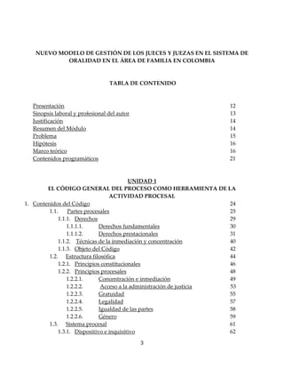 3
NUEVO MODELO DE GESTIÓN DE LOS JUECES Y JUEZAS EN EL SISTEMA DE
ORALIDAD EN EL ÁREA DE FAMILIA EN COLOMBIA
TABLA DE CONTENIDO
Presentación 12
Sinopsis laboral y profesional del autor 13
Justificación 14
Resumen del Módulo 14
Problema 15
Hipótesis 16
Marco teórico 16
Contenidos programáticos 21
UNIDAD 1
EL CÓDIGO GENERAL DEL PROCESO COMO HERRAMIENTA DE LA
ACTIVIDAD PROCESAL
1. Contenidos del Código 24
1.1. Partes procesales 25
1.1.1. Derechos 29
1.1.1.1. Derechos fundamentales 30
1.1.1.2. Derechos prestacionales 31
1.1.2. Técnicas de la inmediación y concentración 40
1.1.3. Objeto del Código 42
1.2. Estructura filosófica 44
1.2.1. Principios constitucionales 46
1.2.2. Principios procesales 48
1.2.2.1. Concentración e inmediación 49
1.2.2.2. Acceso a la administración de justicia 53
1.2.2.3. Gratuidad 55
1.2.2.4. Legalidad 57
1.2.2.5. Igualdad de las partes 58
1.2.2.6. Género 59
1.3. Sistema procesal 61
1.3.1. Dispositivo e inquisitivo 62
 