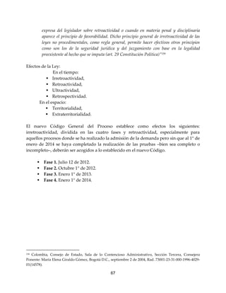 67
expresa del legislador sobre retroactividad o cuando en materia penal y disciplinaria
aparece el principio de favorabilidad. Dicho principio general de irretroactividad de las
leyes no procedimentales, como regla general, permite hacer efectivos otros principios
como son los de la seguridad jurídica y del juzgamiento con base en la legalidad
preexistente al hecho que se imputa (art. 29 Constitución Política)”159
Efectos de la Ley:
En el tiempo:
 Irretroactividad,
 Retroactividad,
 Ultractividad,
 Retrospectividad.
En el espacio:
 Territorialidad,
 Extraterritorialidad.
El nuevo Código General del Proceso establece como efectos los siguientes:
irretroactividad, dividida en las cuatro fases y retroactividad, especialmente para
aquellos procesos donde se ha realizado la admisión de la demanda pero sin que al 1° de
enero de 2014 se haya completado la realización de las pruebas –bien sea completo o
incompleto–, deberán ser acogidos a lo establecido en el nuevo Código.
 Fase 1. Julio 12 de 2012.
 Fase 2. Octubre 1° de 2012.
 Fase 3. Enero 1° de 2013.
 Fase 4. Enero 1° de 2014.
159 Colombia, Consejo de Estado, Sala de lo Contencioso Administrativo, Sección Tercera, Consejera
Ponente: María Elena Giraldo Gómez, Bogotá D.C., septiembre 2 de 2004, Rad. 73001-23-31-000-1996-4029-
01(14578).
 