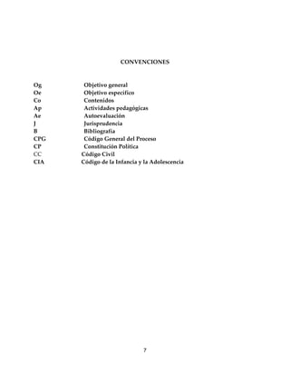7
CONVENCIONES
Og Objetivo general
Oe Objetivo específico
Co Contenidos
Ap Actividades pedagógicas
Ae Autoevaluación
J Jurisprudencia
B Bibliografía
CPG Código General del Proceso
CP Constitución Política
CC Código Civil
CIA Código de la Infancia y la Adolescencia
 