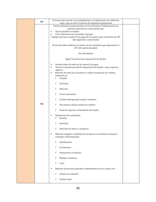 80
561
El fracaso del acuerdo, su incumplimiento o su declaratoria de nulidad da
lugar a que se inicie el proceso de liquidación patrimonial
562
Puede realizarse acuerdo privado con los acreedores. Podrán hacerlo las
personas naturales no comerciantes que:
 Hayan perdido su empleo
 Por la disolución de la sociedad conyugal
Siempre que haya cesado en los pagos de sus pasivos por un término de 120
días siguientes a estos hechos
El acuerdo debe celebrarse al menos con los acreedores que representen el
60% del capital adeudado
Para ello deberá:
Seguir los pasos de la negociación de deudas:
 Informe sobre los motivos de cesación de pagos
 Anexar el acuerdo privado de negociación de deudas –clara, expresa y
objetiva–
 Relación de todos los acreedores en orden de prelación de créditos,
indicando su:
 Nombre
 Domicilio
 Dirección
 Correo electrónico
 Cuantía distinguiendo capital e intereses.
 Documentos donde consten los créditos
 Fecha de vigencia y terminación del crédito
 Información de codeudores:
 Nombre
 Domicilio
 Dirección de oficina o residencia
 Relación completa y detallada de los bienes en el territorio nacional o
extranjero. Discriminando:
 Identificación
 Gravámenes
 Afectaciones al dominio
 Medidas cautelares
 Valor
 Relación de procesos judiciales o administrativos en su contra con:
 Número de radicado
 Estado actual
 