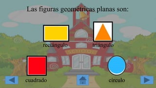 Las figuras geométricas planas son:
rectángulo triángulo
cuadrado círculo
 
