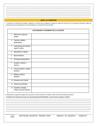 16 INSTITUCION EDUCATIVA “TECNICO UPAR” - MODULO DE FILOSOFIA I - GRADO 10°
………………………………………………………………………………………………………………………………………………………………………………………………………………………………
…………………………………………………………………………………………………………………………………………………………………………………………………………………………..
………………………………………………………………………………………………………………………………………………………………………………………………………………………………
………………………………………………………………………………………………………………………………………………………………………………………………………………………………
………………………………………………………………………………………………………………………………………………………………………………………………………………………………
………………………………………………………………………………………………………………………………………………………………………………………………………………………………
…………………………………………………………………………………………………………………………………………………………………………………………………………………………..
APLICA LO APRENDIDO
1. Consultar el contenido del módulo y páginas en internet para completar el siguiente cuadro de acuerdo con los aspectos solicitados, según las
características más importantes de los antecedentes y el nacimiento de la filosofía.
2. Responda las siguientes preguntas de acuerdo a lo visto y leído en el módulo, utilice otras fuentes para profundizar
a. Escriba cinco razones por las que cree que toda persona debe filosofar, o por lo menos, empezar a hacerlo
………………………………………………………………………………………………………………………………………………………………………………………………………………………………
………………………………………………………………………………………………………………………………………………………………………………………………………………………………
………………………………………………………………………………………………………………………………………………………………………………………………………………………………
………………………………………………………………………………………………………………………………………………………………………………………………………………………………
………………………………………………………………………………………………………………………………………………………………………………………………………………………………
………………………………………………………………………………………………………………………………………………………………………………………………………………………………
………………………………………………………………………………………………………………………………………………………………………………………………………………………………
……………………………………………………………………………………………………………………………………………………………………………………………………………………………
 
