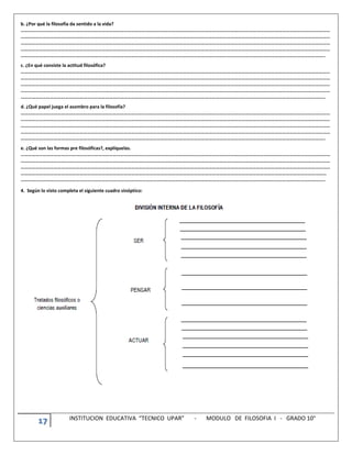 17 INSTITUCION EDUCATIVA “TECNICO UPAR” - MODULO DE FILOSOFIA I - GRADO 10°
b. ¿Por qué la filosofía da sentido a la vida?
………………………………………………………………………………………………………………………………………………………………………………………………………………………………
………………………………………………………………………………………………………………………………………………………………………………………………………………………………
………………………………………………………………………………………………………………………………………………………………………………………………………………………………
………………………………………………………………………………………………………………………………………………………………………………………………………………………………
…………………………………………………………………………………………………………………………………………………………………………………………………………………………..
c. ¿En qué consiste la actitud filosófica?
………………………………………………………………………………………………………………………………………………………………………………………………………………………………
………………………………………………………………………………………………………………………………………………………………………………………………………………………………
………………………………………………………………………………………………………………………………………………………………………………………………………………………………
………………………………………………………………………………………………………………………………………………………………………………………………………………………………
…………………………………………………………………………………………………………………………………………………………………………………………………………………………..
d. ¿Qué papel juega el asombro para la filosofía?
………………………………………………………………………………………………………………………………………………………………………………………………………………………………
………………………………………………………………………………………………………………………………………………………………………………………………………………………………
………………………………………………………………………………………………………………………………………………………………………………………………………………………………
………………………………………………………………………………………………………………………………………………………………………………………………………………………………
…………………………………………………………………………………………………………………………………………………………………………………………………………………………..
e. ¿Qué son las formas pre filosóficas?, explíquelas.
………………………………………………………………………………………………………………………………………………………………………………………………………………………………
………………………………………………………………………………………………………………………………………………………………………………………………………………………………
………………………………………………………………………………………………………………………………………………………………………………………………………………………………
……………………………………………………………………………………………………………………………………………………………………………………………………………………………
…………………………………………………………………………………………………………………………………………………………………………………………………………………………..
4. Según lo visto completa el siguiente cuadro sinóptico:
 