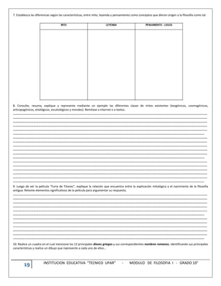 19 INSTITUCION EDUCATIVA “TECNICO UPAR” - MODULO DE FILOSOFIA I - GRADO 10°
7. Establezca las diferencias según las características, entre mito, leyenda y pensamiento como conceptos que dieron origen a la filosofía como tal:
8. Consulte, resuma, explique y represente mediante un ejemplo las diferentes clases de mitos existentes (teogónicos, cosmogónicos,
antropogónicos, etiológicos, escatológicos y morales). Remítase a internet o a textos.
………………………………………………………………………………………………………………………………………………………………………………………………………………………………
………………………………………………………………………………………………………………………………………………………………………………………………………………………………
………………………………………………………………………………………………………………………………………………………………………………………………………………………………
………………………………………………………………………………………………………………………………………………………………………………………………………………………………
………………………………………………………………………………………………………………………………………………………………………………………………………………………………
…………………………………………………………………………………………………………………………………………………………………………………………………………………………..
………………………………………………………………………………………………………………………………………………………………………………………………………………………………
………………………………………………………………………………………………………………………………………………………………………………………………………………………………
………………………………………………………………………………………………………………………………………………………………………………………………………………………………
………………………………………………………………………………………………………………………………………………………………………………………………………………………………
………………………………………………………………………………………………………………………………………………………………………………………………………………………………
…………………………………………………………………………………………………………………………………………………………………………………………………………………………..
………………………………………………………………………………………………………………………………………………………………………………………………………………………………
………………………………………………………………………………………………………………………………………………………………………………………………………………………………
………………………………………………………………………………………………………………………………………………………………………………………………………………………………
………………………………………………………………………………………………………………………………………………………………………………………………………………………………
………………………………………………………………………………………………………………………………………………………………………………………………………………………………
…………………………………………………………………………………………………………………………………………………………………………………………………………………………..
9. Luego de ver la película “Furia de Titanes”, explique la relación que encuentra entre la explicación mitológica y el nacimiento de la filosofía
antigua. Retome elementos significativos de la película para argumentar su respuesta.
………………………………………………………………………………………………………………………………………………………………………………………………………………………………
………………………………………………………………………………………………………………………………………………………………………………………………………………………………
………………………………………………………………………………………………………………………………………………………………………………………………………………………………
………………………………………………………………………………………………………………………………………………………………………………………………………………………………
………………………………………………………………………………………………………………………………………………………………………………………………………………………………
…………………………………………………………………………………………………………………………………………………………………………………………………………………………..
………………………………………………………………………………………………………………………………………………………………………………………………………………………………
………………………………………………………………………………………………………………………………………………………………………………………………………………………………
………………………………………………………………………………………………………………………………………………………………………………………………………………………………
………………………………………………………………………………………………………………………………………………………………………………………………………………………………
………………………………………………………………………………………………………………………………………………………………………………………………………………………………
…………………………………………………………………………………………………………………………………………………………………………………………………………………………..
10. Realice un cuadro en el cual mencione los 12 principales dioses griegos y sus correspondientes nombres romanos, identificando sus principales
características y realice un dibujo que represente a cada uno de ellos…
 
