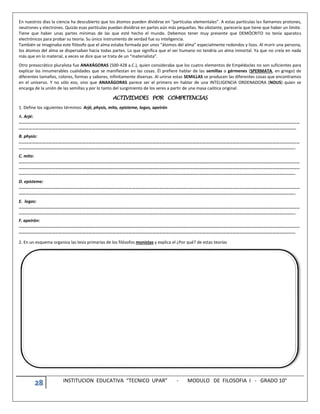 28 INSTITUCION EDUCATIVA “TECNICO UPAR” - MODULO DE FILOSOFIA I - GRADO 10°
En nuestros días la ciencia ha descubierto que los átomos pueden dividirse en “partículas elementales”. A estas partículas las llamamos protones,
neutrones y electrones. Quizás esas partículas puedan dividirse en partes aún más pequeñas. No obstante, parecería que tiene que haber un límite.
Tiene que haber unas partes mínimas de las que esté hecho el mundo. Debemos tener muy presente que DEMÓCRITO no tenía aparatos
electrónicos para probar su teoría. Su único instrumento de verdad fue su inteligencia.
También se imaginaba este filósofo que el alma estaba formada por unos “átomos del alma” especialmente redondos y lisos. Al morir una persona,
los átomos del alma se dispersaban hacia todas partes. Lo que significa que el ser humano no tendría un alma inmortal. Ya que no creía en nada
más que en lo material, a veces se dice que se trata de un “materialista”.
Otro presocrático pluralista fue ANAXÁGORAS (500-428 a.C.), quien consideraba que los cuatro elementos de Empédocles no son suficientes para
explicar las innumerables cualidades que se manifiestan en las cosas. Él prefiere hablar de las semillas o gérmenes (SPERMATA, en griego) de
diferentes tamaños, colores, formas y sabores, infinitamente diversas. Al unirse estas SEMILLAS se producen las diferentes cosas que encontramos
en el universo. Y no sólo eso, sino que ANAXÁGORAS parece ser el primero en hablar de una INTELIGENCIA ORDENADORA (NOUS) quien se
encarga de la unión de las semillas y por lo tanto del surgimiento de los seres a partir de una masa caótica original.
ACTIVIDADES POR COMPETENCIAS
1. Define los siguientes términos: Arjé, physis, mito, episteme, logos, apeirón
A. Arjé:
………………………………………………………………………………………………………………………………………………………………………………………………………………………………
……………………………………………………………………………………………………………………………………………………………………………………………………………………………
B. physis:
………………………………………………………………………………………………………………………………………………………………………………………………………………………………
…………………………………………………………………………………………………………………………………………………………………………………………………………………………..
C. mito:
………………………………………………………………………………………………………………………………………………………………………………………………………………………………
………………………………………………………………………………………………………………………………………………………………………………………………………………………………
…………………………………………………………………………………………………………………………………………………………………………………………………………………………..
D. episteme:
………………………………………………………………………………………………………………………………………………………………………………………………………………………………
…………………………………………………………………………………………………………………………………………………………………………………………………………………………..
E. logos:
………………………………………………………………………………………………………………………………………………………………………………………………………………………………
…………………………………………………………………………………………………………………………………………………………………………………………………………………………..
F. apeirón:
………………………………………………………………………………………………………………………………………………………………………………………………………………………………
…………………………………………………………………………………………………………………………………………………………………………………………………………………………..
2. En un esquema organiza las tesis primarias de los filósofos monistas y explica el ¿Por qué? de estas teorías
 