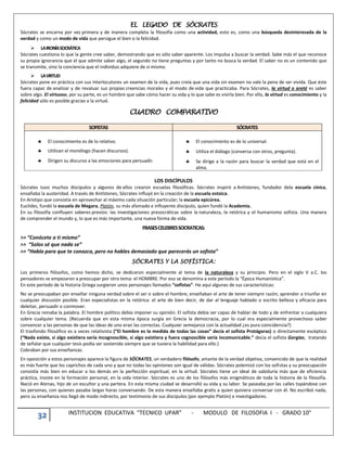 32 INSTITUCION EDUCATIVA “TECNICO UPAR” - MODULO DE FILOSOFIA I - GRADO 10°
EL LEGADO DE SÓCRATES
Sócrates se encarna por vez primera y de manera completa la filosofía como una actividad, esto es, como una búsqueda desinteresada de la
verdad y como un modo de vida que persigue el bien o la felicidad.
 LAIRONÍASOCRÁTICA
Sócrates cuestiona lo que la gente cree saber, demostrando que es sólo saber aparente. Los impulsa a buscar la verdad. Sabe más el que reconoce
su propia ignorancia que el que admite saber algo, el segundo no tiene preguntas y por tanto no busca la verdad. El saber no es un contenido que
se transmite, sino la conciencia que el individuo adquiere de sí mismo.
 LAVIRTUD
Sócrates pone en práctica con sus interlocutores un examen de la vida, pues creía que una vida sin examen no vale la pena de ser vivida. Que éste
fuera capaz de analizar y de revaluar sus propias creencias morales y el modo de vida que practicaba. Para Sócrates, la virtud o areté es saber
sobre algo. El virtuoso, por su parte, es un hombre que sabe cómo hacer su vida y lo que sabe es vivirla bien. Por ello, la virtud es conocimiento y la
felicidad sólo es posible gracias a la virtud.
CUADRO COMPARATIVO
SOFISTAS SÓCRATES
 El conocimiento es de lo relativo.
 Utilizan el monólogo (hacen discursos).
 Dirigen su discurso a las emociones para persuadir.
 El conocimiento es de lo universal.
 Utiliza el diálogo (conversa con otros, pregunta).
 Se dirige a la razón para buscar la verdad que está en el
alma.
LOS DISCÍPULOS
Sócrates tuvo muchos discípulos y algunos de ellos crearon escuelas filosóficas. Sócrates inspiró a Antístenes, fundador dela escuela cínica,
ensañaba la austeridad. A través de Antístenes, Sócrates influyó en la creación de la escuela estoica.
En Aristipo que consistía en aprovechar al máximo cada situación particular; la escuela epicúrea.
Euclides, fundó la escuela de Megara, Platón, su más afamado e influyente discípulo, quien fundó la Academia.
En su filosofía confluyen saberes previos: las investigaciones presocráticas sobre la naturaleza, la retórica y el humanismo sofista. Una manera
de comprender el mundo y, lo que es más importante, una nueva forma de vida.
FRASESCELEBRESSOCRATICAS:
>> “Conócete a ti mismo”
>> “Solos sé que nada se”
>> “Habla para que te conozca, pero no hables demasiado que parecerás un sofista”
SÓCRATES Y LA SOFÍSTICA:
Los primeros filósofos, como hemos dicho, se dedicaron especialmente al tema de la naturaleza y su principio. Pero en el siglo V a.C. los
pensadores se empezaron a preocupar por otro tema: el HOMBRE. Por eso se denomina a este período la “Época Humanística”.
En este período de la historia Griega surgieron unos personajes llamados “sofistas”. He aquí algunas de sus características:
No se preocupaban por enseñar ninguna verdad sobre el ser o sobre el hombre; enseñaban el arte de tener siempre razón; aprender a triunfar en
cualquier discusión posible. Eran especialistas en la retórica: el arte de bien decir, de dar al lenguaje hablado o escrito belleza y eficacia para
deleitar, persuadir o conmover.
En Grecia reinaba la palabra. El hombre político debía imponer su opinión. El sofista debía ser capaz de hablar de todo y de enfrentar a cualquiera
sobre cualquier tema. (Recuerda que en esta misma época surgía en Grecia la democracia, por lo cual era especialmente provechoso saber
convencer a las personas de que las ideas de uno eran las correctas. Cualquier semejanza con la actualidad ¿es pura coincidencia?)
El trasfondo filosófico es a veces relativista (“El hombre es la medida de todas las cosas” decía el sofista Protágoras) o directamente escéptico
(“Nada existe, si algo existiera sería incognoscible, si algo existiera y fuera cognoscible sería incomunicable.” decía el sofista Gorgias, tratando
de señalar que cualquier tesis podía ser sostenida siempre que se tuviera la habilidad para ello.)
Cobraban por sus enseñanzas.
En oposición a estos personajes aparece la figura de SÓCRATES, un verdadero filósofo, amante de la verdad objetiva, convencido de que la realidad
es más fuerte que los caprichos de cada uno y que no todas las opiniones son igual de válidas. Sócrates polemizó con los sofistas y su preocupación
consistía más bien en educar a los demás en la perfección espiritual, en la virtud. Sócrates tiene un ideal de sabiduría más que de eficiencia
práctica, insiste en la formación personal, en la vida interior. Sócrates es uno de los filósofos más enigmáticos de toda la historia de la filosofía.
Nació en Atenas, hijo de un escultor y una partera. En esta misma ciudad se desarrolló su vida y su labor. Se paseaba por las calles topándose con
las personas, con quienes pasaba largas horas conversando. De esta manera enseñaba gratis a quien quisiera conversar con él. No escribió nada,
pero su enseñanza nos llegó de modo indirecto, por testimonio de sus discípulos (por ejemplo Platón) e investigadores.
 