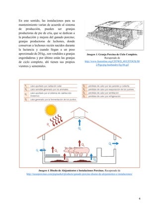 4
En este sentido, las instalaciones para su
mantenimiento varían de acuerdo al sistema
de producción, pueden ser granjas
productoras de pie de cría, que se dedican a
la producción y mejora del ganado porcino;
granjas productoras de lechones, donde
conservan a lechones recién nacidos durante
la lactancia y cuando llegan a un peso
aproximado de 20 kg., son vendidos a granjas
engordadoras y por último están las granjas
de ciclo completo, ahí tienen sus propios
vientres y sementales.
Imagen 3. Granja Porcina de Ciclo Completo.
Recuperado de
http://www.fastonline.org/CD3WD_40/LSTOCK/00
2/Pigs/pig-husbandry/fig-06.gif
Imagen 4. Diseño de Alojamientos e Instalaciones Porcinas. Recuperado de
http://razasporcinas.com/pigmarket/producto/ganado-porcino-diseno-de-alojamientos-e-instalaciones/
 
