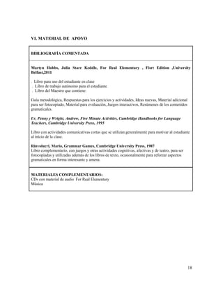 VI. MATERIAL DE APOYO


BIBLIOGRAFÍA COMENTADA


Martyn Hobbs, Julia Starr Keddle, For Real Elementary , Fisrt Edition ,University
Belfast,2011

. Libro para uso del estudiante en clase
 . Libro de trabajo autónomo para el estudiante
 . Libro del Maestro que contiene:

Guía metodológica, Respuestas para los ejercicios y actividades, Ideas nuevas, Material adicional
para ser fotocopiado, Material para evaluación, Juegos interactivos, Resúmenes de los contenidos
gramaticales.

Ur, Penny y Wright, Andrew, Five Minute Activities, Cambridge Handbooks for Language
Teachers, Cambridge University Press, 1995

Libro con actividades comunicativas cortas que se utilizan generalmente para motivar al estudiante
al inicio de la clase.

Rinvolucri, Mario, Grammar Games, Cambridge University Press, 1987
Libro complementario, con juegos y otras actividades cognitivas, afectivas y de teatro, para ser
fotocopiadas y utilizadas además de los libros de texto, ocasionalmente para reforzar aspectos
gramaticales en forma interesante y amena.


MATERIALES COMPLEMENTARIOS:
CDs con material de audio For Real Elementary
Música




                                                                                                    18
 