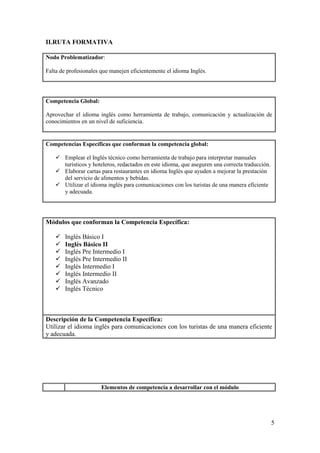II.RUTA FORMATIVA

Nodo Problematizador:

Falta de profesionales que manejen eficientemente el idioma Inglés.




Competencia Global:

Aprovechar el idioma inglés como herramienta de trabajo, comunicación y actualización de
conocimientos en un nivel de suficiencia.


Competencias Específicas que conforman la competencia global:

     Emplear el Inglés técnico como herramienta de trabajo para interpretar manuales
      turísticos y hoteleros, redactados en este idioma, que aseguren una correcta traducción.
     Elaborar cartas para restaurantes en idioma Inglés que ayuden a mejorar la prestación
      del servicio de alimentos y bebidas.
     Utilizar el idioma inglés para comunicaciones con los turistas de una manera eficiente
      y adecuada.




Módulos que conforman la Competencia Específica:

       Inglés Básico I
       Inglés Básico II
       Inglés Pre Intermedio I
       Inglés Pre Intermedio II
       Inglés Intermedio I
       Inglés Intermedio II
       Inglés Avanzado
       Inglés Técnico



Descripción de la Competencia Específica:
Utilizar el idioma inglés para comunicaciones con los turistas de una manera eficiente
y adecuada.




                       Elementos de competencia a desarrollar con el módulo




                                                                                                 5
 