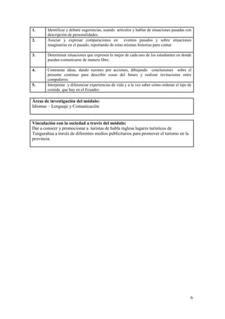 1.      Identificar y debatir sugerencias, usando artículos y hablar de situaciones pasadas con
        descripción de personalidades.
2.      Asociar y expresar comparaciones en eventos pasados y sobre situaciones
        imaginarias en el pasado, reportando de estas mismas historias para contar.

3.      Determinar situaciones que expresen lo mejor de cada uno de los estudiantes en donde
        puedan comunicarse de manera libre.

4.      Contrastar ideas, dando razones por acciones, dibujando conclusiones sobre el
        presente continuo para describir cosas del futuro y realizar invitaciones entre
        compañeros.
5.      Interpretar y diferenciar experiencias de vida y a la vez saber cómo ordenar el tipo de
        comida que hay en el Ecuador.

Áreas de investigación del módulo:
Idiomas – Lenguaje y Comunicación


Vinculación con la sociedad a través del módulo:
Dar a conocer y promocionar a turistas de habla inglesa lugares turísticos de
Tungurahua a través de diferentes medios publicitarios para promover el turismo en la
provincia.




                                                                                              6
 