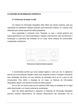 ___________________________________________________________________________________________________
____________________________________________________________________________________________________
2.0 SISTEMA DE INFORMAÇÃO GEGRÁFICA
2.1 A Estrutura de dados no SIG
Um sistema de Informação Geográfica (SIG) difere dos demais sistemas, pela sua
capacidade de estabelecer relações espaciais entre elementos Gráficos. É o sistema mais
adequado para análise espacial de dados geográficos.
Essa capacidade é conhecida como Topologia, ou seja, o estudo genérico dos
lugares geométricos, com suas propriedades e relações. Esta estrutura, além de descrever a
localização e a geometria das entidades de um mapa, define relações de conectividade,
contigüidade e pertinência.
Estruturas de relacionamentos espaciais
A conectividade permite que arcos estejam ligados a outro por nós. A adjacência
permite que arcos possuam direção e lados como esquerda e direita. A direção é importante
para modelagem de fluxos, em que atributos de orientação como de nó e para nó são
armazenados. Para definir a topologia de um mapa, os Sistemas de Informações
Geográficas utilizam uma estrutura de base de dados especial.
Em um SIG, do mesmo modo que em sistemas CAM, todas as entidades de um mapa
estão relacionadas a um mesmo sistema de coordenadas.
Além dos dados geométricos e espaciais, os Sistemas de Informação Geográfica
possuem atributos alfanuméricos. Os atributos alfanuméricos são associados com os
 