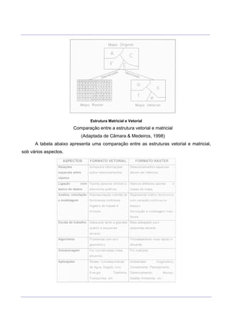 ___________________________________________________________________________________________________
____________________________________________________________________________________________________
Estrutura Matricial e Vetorial
Comparação entre a estrutura vetorial e matricial
(Adaptada de Câmara & Medeiros, 1998)
A tabela abaixo apresenta uma comparação entre as estruturas vetorial e matricial,
sob vários aspectos.
 