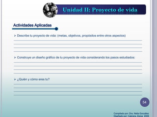 Actividades Aplicadas
 Describe tu proyecto de vida: (metas, objetivos, propósitos entre otros aspectos)
____________________________________________________________________________________
____________________________________________________________________________________
____________________________________________________________________________________
____________________________________________________________________________________
 Construye un diseño gráfico de tu proyecto de vida considerando los pasos estudiados:
____________________________________________________________________________________
____________________________________________________________________________________
____________________________________________________________________________________
____________________________________________________________________________________
 ¿Quién y cómo eres tu?
____________________________________________________________________________________
____________________________________________________________________________________
____________________________________________________________________________________
____________________________________________________________________________________
Unidad II: Proyecto de vida
Compilado por: Dra. Nelia González
Diseñado por: Cabrera, Zerpa 2008
54
 