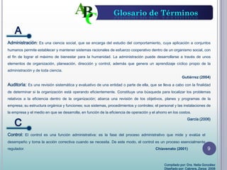 Glosario de Términos
Administración: Es una ciencia social, que se encarga del estudio del comportamiento, cuya aplicación a conjuntos
humanos permite establecer y mantener sistemas racionales de esfuerzo cooperativo dentro de un organismo social, con
el fin de lograr el máximo de bienestar para la humanidad. La administración puede desarrollarse a través de unos
elementos de organización, planeación, dirección y control, además que genera un aprendizaje cíclico propio de la
administración y de toda ciencia.
Gutiérrez (2004)
Auditoría: Es una revisión sistemática y evaluativo de una entidad o parte de ella, que se lleva a cabo con la finalidad
de determinar si la organización está operando eficientemente. Constituye una búsqueda para localizar los problemas
relativos a la eficiencia dentro de la organización; abarca una revisión de los objetivos, planes y programas de la
empresa; su estructura orgánica y funciones; sus sistemas, procedimientos y controles; el personal y las instalaciones de
la empresa y el medio en que se desarrolla, en función de la eficiencia de operación y el ahorro en los costos.
García (2006)
A
C
Control: El control es una función administrativa: es la fase del proceso administrativo que mide y evalúa el
desempeño y toma la acción correctiva cuando se necesita. De este modo, el control es un proceso esencialmente
regulador. Chiavenato (2001) 9
Compilado por: Dra. Nelia González
Diseñado por: Cabrera, Zerpa 2008
 