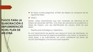 PASOS PARA LA
ELABORACIÓN E
IMPLEMENTACIÓ
N DEL PLAN DE
MEJORA
 En base a estas preguntas, el Plan de Mejora se compone de las
siguientes fases:
 FASE 2.
Existen varias herramientas que han mostrado ser efectivas en la
etapa de desarrollo del Plan, a los fines de solucionar los problemas o
áreas de mejora, una vez identificadas las causas, entre las que
están:
- Planificación Estratégica y Operativa.
Es una herramienta de gestión que apoya la toma de decisiones, ya
que permite formular los objetivos prioritarios y las metas, a mediano y
corto plazo, y los indicadores; así como, establecer las líneas de
acción (estrategias) y los recursos para lograrlos.
 