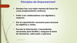 Principios de Empowerment
• Siempre hay una mejor manera de hacer las
cosas (mejoramiento continuo).
• Tratar a los colaboradores con dignidad y
respecto.
• Dar la capacitación necesaria para alcanzar
los objetivos y metas.
• Proveer la información y herramientas
necesarias para facilitar y asegurar la toma
de decisiones, adecuada y oportuna.
Ing. Carlos Parra Carrillo
Ingeniero Industrial
 