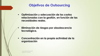 Objetivos de Outsourcing
• Optimización y adecuación de los costos
relacionados con la gestión, en función de las
necesidades reales.
• Eliminación de riesgos por obsolescencia
tecnológica.
• Concentración en la propia actividad de la
organización
Ing. Carlos Parra Carrillo
Ingeniero Industrial
 