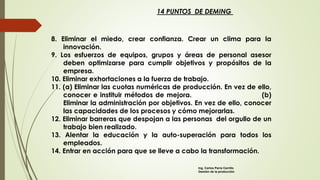 14 PUNTOS DE DEMING
8. Eliminar el miedo, crear confianza. Crear un clima para la
innovación.
9. Los esfuerzos de equipos, grupos y áreas de personal asesor
deben optimizarse para cumplir objetivos y propósitos de la
empresa.
10. Eliminar exhortaciones a la fuerza de trabajo.
11. (a) Eliminar las cuotas numéricas de producción. En vez de ello,
conocer e instituir métodos de mejora. (b)
Eliminar la administración por objetivos. En vez de ello, conocer
las capacidades de los procesos y cómo mejorarlas.
12. Eliminar barreras que despojan a las personas del orgullo de un
trabajo bien realizado.
13. Alentar la educación y la auto-superación para todos los
empleados.
14. Entrar en acción para que se lleve a cabo la transformación.
Ing. Carlos Parra Carrillo
Gestión de la producción
 