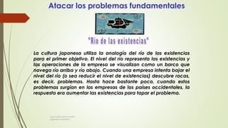 La cultura japonesa utiliza la analogía del río de las existencias
para el primer objetivo. El nivel del río representa las existencias y
las operaciones de la empresa se visualizan como un barco que
navega río arriba y río abajo. Cuando una empresa intenta bajar el
nivel del río (o sea reducir el nivel de existencias) descubre rocas,
es decir. problemas. Hasta hace bastante poco, cuando estos
problemas surgían en las empresas de los países occidentales, la
respuesta era aumentar las existencias para tapar el problema.
Atacar los problemas fundamentales
Ing. Carlos Parra Carrillo
Ingeniero Industrial
 