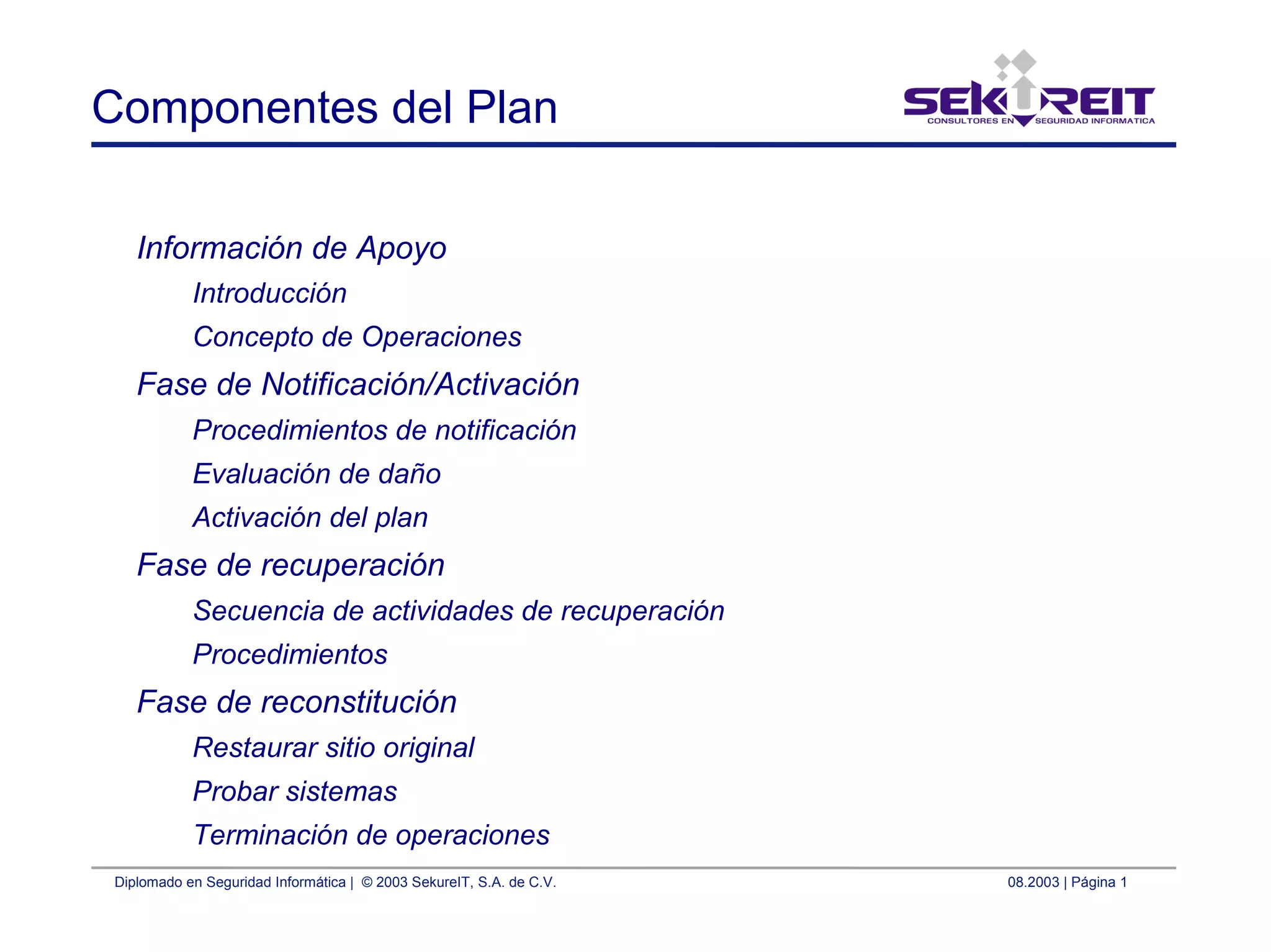 Diplomado en Seguridad Informática | © 2003 SekureIT, S.A. de C.V. 08.2003 | Página 1
Componentes del Plan
Información de Apoyo
Introducción
Concepto de Operaciones
Fase de Notificación/Activación
Procedimientos de notificación
Evaluación de daño
Activación del plan
Fase de recuperación
Secuencia de actividades de recuperación
Procedimientos
Fase de reconstitución
Restaurar sitio original
Probar sistemas
Terminación de operaciones
 