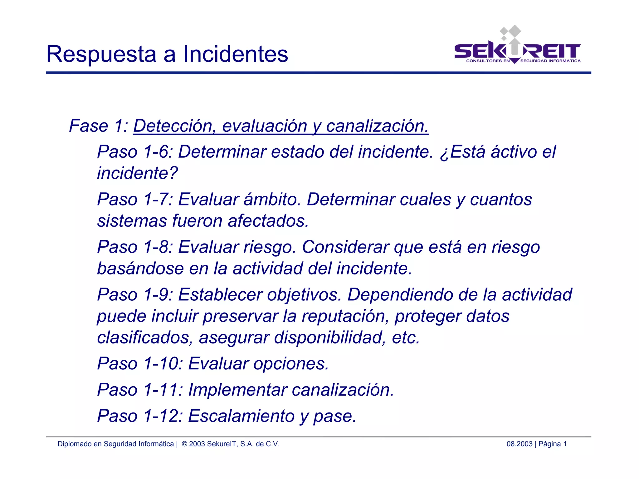 Diplomado en Seguridad Informática | © 2003 SekureIT, S.A. de C.V. 08.2003 | Página 1
Respuesta a Incidentes
Fase 1: Detección, evaluación y canalización.
Paso 1-6: Determinar estado del incidente. ¿Está áctivo el
incidente?
Paso 1-7: Evaluar ámbito. Determinar cuales y cuantos
sistemas fueron afectados.
Paso 1-8: Evaluar riesgo. Considerar que está en riesgo
basándose en la actividad del incidente.
Paso 1-9: Establecer objetivos. Dependiendo de la actividad
puede incluir preservar la reputación, proteger datos
clasificados, asegurar disponibilidad, etc.
Paso 1-10: Evaluar opciones.
Paso 1-11: Implementar canalización.
Paso 1-12: Escalamiento y pase.
 