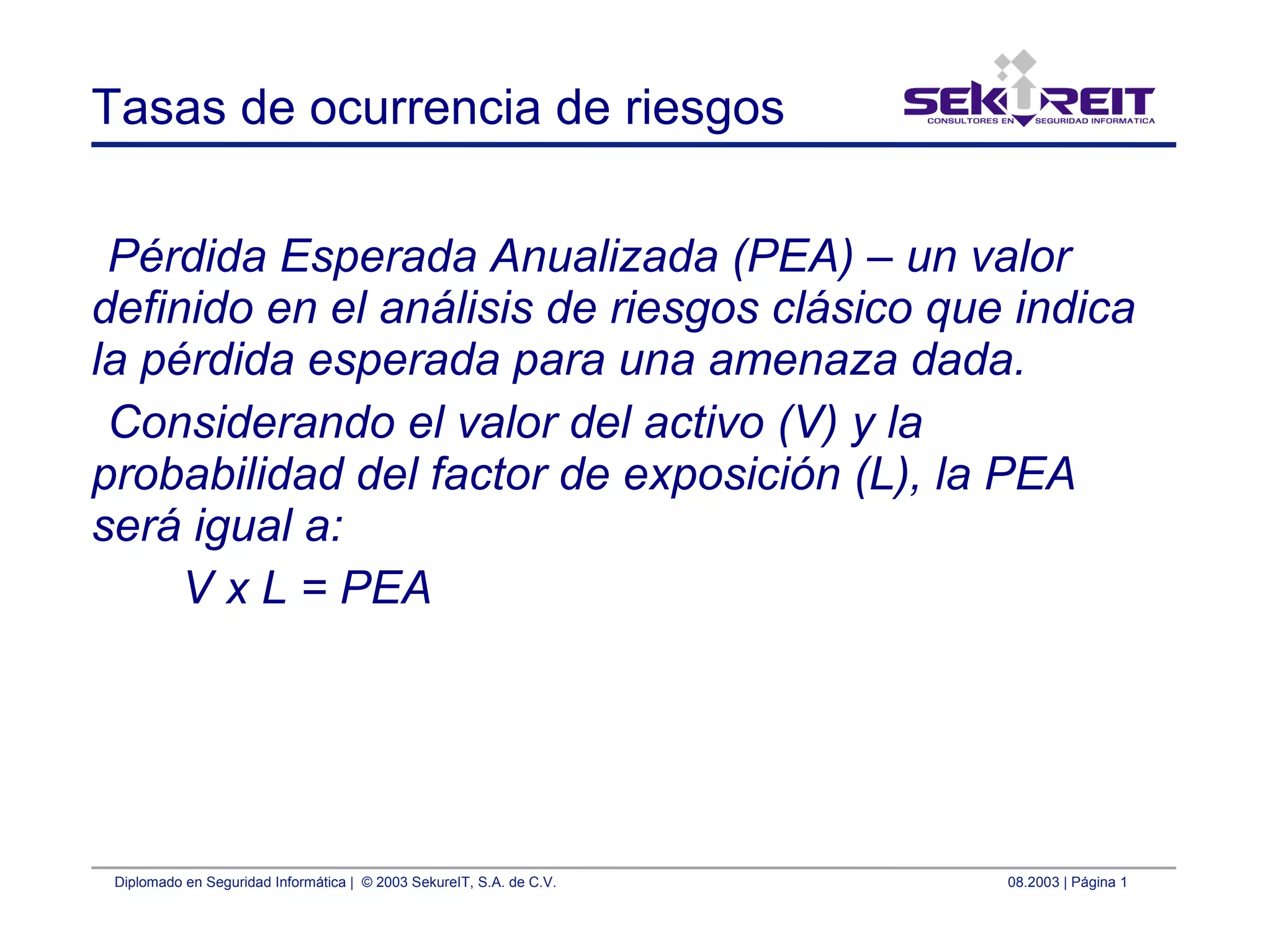 Diplomado en Seguridad Informática | © 2003 SekureIT, S.A. de C.V. 08.2003 | Página 1
Tasas de ocurrencia de riesgos
Pérdida Esperada Anualizada (PEA) – un valor
definido en el análisis de riesgos clásico que indica
la pérdida esperada para una amenaza dada.
Considerando el valor del activo (V) y la
probabilidad del factor de exposición (L), la PEA
será igual a:
V x L = PEA
 