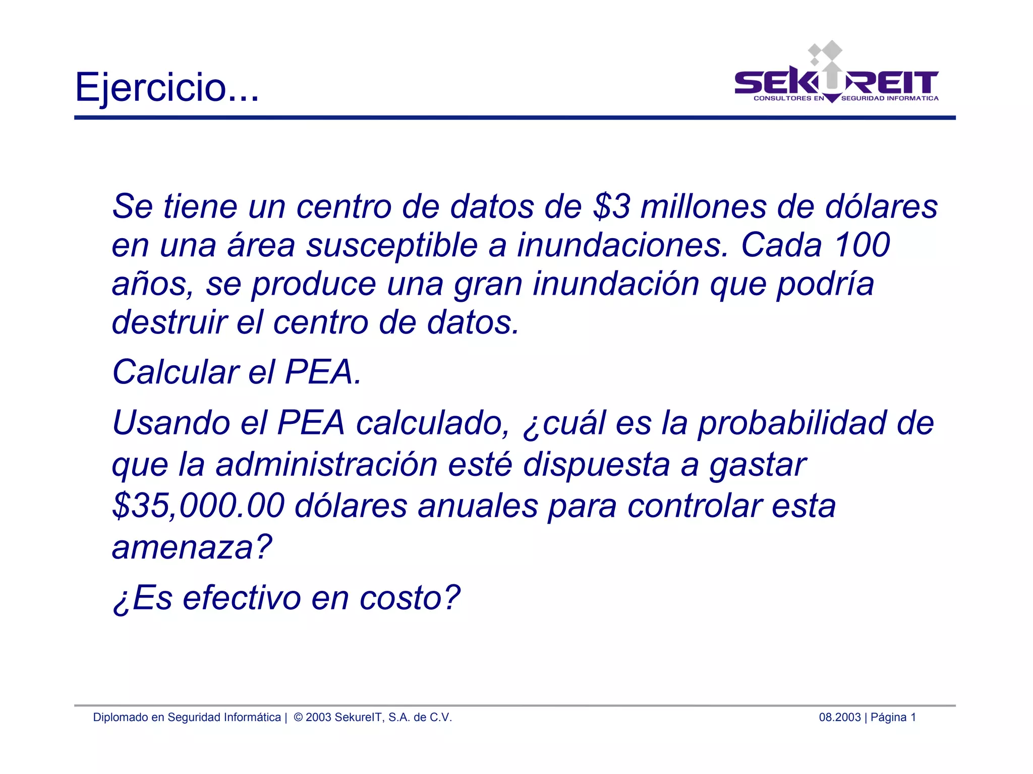 Diplomado en Seguridad Informática | © 2003 SekureIT, S.A. de C.V. 08.2003 | Página 1
Ejercicio...
Se tiene un centro de datos de $3 millones de dólares
en una área susceptible a inundaciones. Cada 100
años, se produce una gran inundación que podría
destruir el centro de datos.
Calcular el PEA.
Usando el PEA calculado, ¿cuál es la probabilidad de
que la administración esté dispuesta a gastar
$35,000.00 dólares anuales para controlar esta
amenaza?
¿Es efectivo en costo?
 