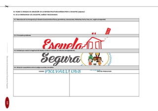 EducaciónenGestióndelRiesgodeDesastresparaDirectoresy
DocentesdeInstitucionesEducativasSeguras
III. PLANO O CROQUIS DE UBICACIÓN DE LA INFRAESTRUCTURADAÑADAPOR EL DESASTRE (adjuntar)
IV. DE LA EMERGENCIA Y/O DESASTRE, DAÑOS YNECESIDADES
4.1.Naturalezade la emergenciay/o desastre(característicasfísicas, geométricas, estructurales, hidráulicas, fecha, hora, etc., segúncorresponda)
4.2.Principalesproblemas
4.3.Entidad que evaluó lamagnitud del desastre (indicar elnúmero deinformecorrespondiente)
4.4. Relación causa/efecto entreel peligro ocurrido y losdaños
CAUSAS EFECTOS PRODUCIDOS
115
 