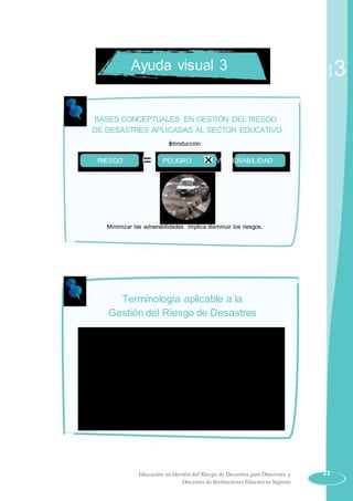 Ayuda visual 3
BASES CONCEPTUALES EN GESTIÓN DEL RIESGO
DE DESASTRES APLICADAS AL SECTOR EDUCATIVO
Introducción
RIESGO PELIGRO VULNERABILIDAD
Minimizar las vulnerabilidades implica disminuir los riesgos.
Terminología aplicable a la
Gestión del Riesgo de Desastres
Sesión
3
Educación en Gestión del Riesgo de Desastres para Directores y 21
Docentes de Instituciones Educativas Seguras
 