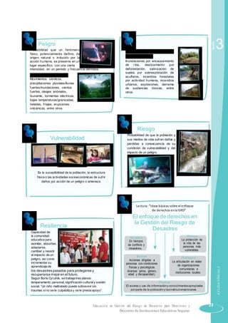 Peligro
Probabilidad que un fenómeno
físico, potencialmente dañino, de
origen natural o inducido por la
acción humana, se presente en un
lugar específico, con una cierta
intensidad, en un período y frecuencia definidos.
Peligros NATURALES:
Movimientos sísmicos,
precipitaciones pluviales/lluvias
fuertes/inundaciones, vientos
fuertes, oleajes anómalos,
tsunamis, tormentas eléctricas,
bajas temperaturas/granizadas,
heladas, friajes, erupciones
volcánicas, entre otros.
Peligros Inducidos por la
Acción Humana:
Inundaciones por encausamiento
de ríos, deslizamiento por
deforestación, salinización de
suelos por sobrexplotación de
acuíferos, incendios forestales
por actividad humana, incendios
urbanos, explosiones, derrame
de sustancias tóxicas, entre
otros.
Sesión
3
Vulnerabilidad
Es la suceptibilidad de la población, la estructura
física o las actividades socioeconómicas de sufrir
daños por acción de un peligro o amenaza.
Resiliencia
Capacidad de
la comunidad
educativa para
asimilar, absorber,
adaptarse,
cambiar y resistir
al impacto de un
peligro, así como
incrementar su
aprendizaje de
los desastres pasados para protegerse y
recuperarse mejor en el futuro.
Según Boris Cyrulnik, se trabaja tres planos:
temperamento personal, significación culturaly sostén
social. “Un niño maltratado puede sobrevivir sin
traumas sino se le culpabiliza y se le presta apoyo”.
Riesgo
Probabilidad de que la población y
sus medios de vida sufran daños y
pérdidas a consecuencia de su
condición de vulnerabilidad y del
impacto de un peligro.
Lectura:“Ideas básicas sobre el enfoque
de derechos enla GRD”
El enfoque de derechos en
la Gestión del Riesgo de
Desastres
Se aplica Prioriza
La protección deEn tiempos
la vida de las
de conflicto y
personas más
desastres.
vulnerables.
Incluye Promueve
Acciones dirigidas a La articulación en redes
personas con condiciones
de organizaciones
físicas y psicológicas
comunitarias e
diversas (etnia, género, instituciones locales.
edad y discapacidad).
Propicia
El acceso y uso de informacióny conocimientosapropiados
por parte de la poblacióny lasinstitucioneslocales.
AYUDAVISUAL3
Educación en Gestión del Riesgo de Desastres para Directores y 23
Docentes de Instituciones Educativas Seguras
 
