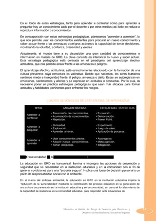 En el fondo de estas estrategias, tanto para aprender a contestar como para aprender a
preguntar hay un conocimiento dado por el docente o por otros medios; así todo se reduce a
reproducir información o conocimientos.
En contraposición con estas estrategias pedagógicas, planteamos “aprender a aprender”, lo
que nos permite usar los conocimientos existentes para procurar un nuevo conocimiento y
saber actuar frente a las amenazas o peligros activando la capacidad de tomar decisiones,
movilizando la voluntad, confianza, creatividad y valores.
Actualmente, el mundo tiene a su disposición una gran cantidad de conocimientos o
información en materia de GRD. La clave consiste en interiorizar lo nuevo y saber actuar.
Esta estrategia pedagógica está centrada en el paradigma del aprendizaje afectivo
actitudinal, que nos permite actuar frente a las amenazas o peligros.
El aprendizaje afectivo, actitudinal, está estrechamente relacionado con la formación de una
cultura preventiva cuya estructura es valorativa. Desde que nacemos, los seres humanos
sentimos miedo e inseguridad frente al peligro, amenaza o daño. Estas se autoregistran en
emociones, sentimientos y afectos y se expresan en actitudes o conductas. Por lo cual, es
necesario poner en práctica estrategias pedagógicas que sean más eficaces para formar
actitudes y habilidades pertinentes para enfrentar los riesgos.
CUADRO DE MODELOS DE ESTRATEGIAS DE APRENDIZAJE
TIPOS CARACTERÍSTICAS ESTRATEGIAS ESPECÍFICAS
Aprender a
• Transmisión de conocimientos. • Exposición.
• Acumulación de conocimientos. • Demostración.
contestar
• Repetición. • Power Point.
Aprender a
• Curiosidad. • Experimento.
• Exploración. • Juego de roles.
preguntar
• Aprender a hacer. • Aplicación de procesos.
Aprender a
• Usar conocimientos previos. • Autoregistro.
• Adquirir nuevos conocimientos. • Metacognición.
aprender
• Tomar decisiones. • Indagación.
3. Transversalidad de la educación en gestión del riesgo de desastres
La educación en GRD es transversal. Ilumina e impregna las acciones de prevención y
seguridad que se desarrollan en la institución educativa y en la comunidad con el fin de
generar condiciones para una “escuela segura”. Implica una toma de decisión personal y un
pacto de responsabilidad social con el ambiente.
En el marco del enfoque ambiental, la educación en GRD en la institución e ducativa implica la
“reducción de la vulnerabilidad” mediante la contribución del proceso educativo en la generación de
una cultura de prevención en la institución educativa y en la comunidad, así como el fortalecimiento de
la capacidad de resiliencia en la comunidad educativa para responder ante situaciones de
Educación en Gestión del Riesgo de Desastres para Directores y 51
Docentes de Instituciones Educativas Seguras
 
