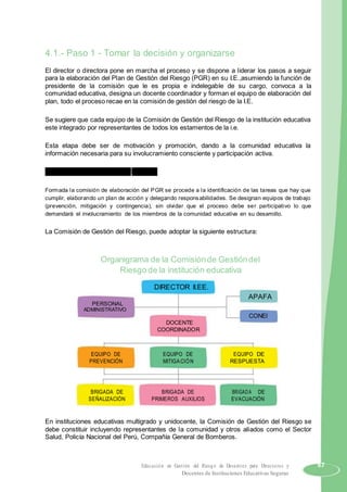 4.1.- Paso 1 - Tomar la decisión y organizarse
El director o directora pone en marcha el proceso y se dispone a liderar los pasos a seguir
para la elaboración del Plan de Gestión del Riesgo (PGR) en su I.E.,asumiendo la función de
presidente de la comisión que le es propia e indelegable de su cargo, convoca a la
comunidad educativa, designa un docente coordinador y forman el equipo de elaboración del
plan, todo el proceso recae en la comisión de gestión del riesgo de la I.E.
Se sugiere que cada equipo de la Comisión de Gestión del Riesgo de la institución educativa
este integrado por representantes de todos los estamentos de la i.e.
Esta etapa debe ser de motivación y promoción, dando a la comunidad educativa la
información necesaria para su involucramiento consciente y participación activa.
Organizarse y dividirnos las tareas
Formada la comisión de elaboración del PGR se procede a la identificación de las tareas que hay que
cumplir, elaborando un plan de acción y delegando responsabilidades. Se designan equipos de trabajo
(prevención, mitigación y contingencia), sin olvidar que el proceso debe ser participativo lo que
demandará el involucramiento de los miembros de la comunidad educativa en su desarrollo.
La Comisión de Gestión del Riesgo, puede adoptar la siguiente estructura:
Organigrama de la Comisiónde Gestióndel
Riesgo de la institución educativa
DIRECTOR II.EE.
APAFA
PERSONAL
ADMINISTRATIVO
CONEI
DOCENTE
COORDINADOR
EQUIPO DE EQUIPO DE EQUIPO DE
PREVENCIÓN MITIGACIÓN RESPUESTA
BRIGADA DE BRIGADA DE BRIGADA DE
SEÑALIZACIÓN PRIMEROS AUXILIOS EVACUACIÓN
En instituciones educativas multigrado y unidocente, la Comisión de Gestión del Riesgo se
debe constituir incluyendo representantes de la comunidad y otros aliados como el Sector
Salud, Policía Nacional del Perú, Compañía General de Bomberos.
Educación en Gestión del Riesgo de Desastres para Directores y 67
Docentes de Instituciones Educativas Seguras
 