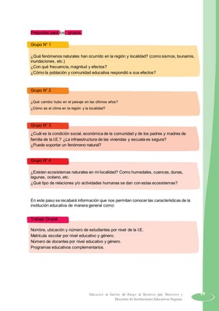 Preguntas para los grupos:
Grupo N° 1
¿Qué fenómenos naturales han ocurrido en la región y localidad? (como sismos, tsunamis,
inundaciones, etc.)
¿Con qué frecuencia, magnitud y efectos?
¿Cómo la población y comunidad educativa respondió a sus efectos?
Grupo N° 2
¿Qué cambio hubo en el paisaje en las últimos años?
¿Cómo es el clima en la región y la localidad?
Grupo N° 3
¿Cuál es la condición social, económica de la comunidad y de los padres y madres de
familia de la I.E.? ¿La infraestructura de las viviendas y escuela es segura?
¿Puede soportar un fenómeno natural?
Grupo N° 4
¿Existen ecosistemas naturales en mi localidad? Como humedales, cuencas, dunas,
lagunas, océano, etc.
¿Qué tipo de relaciones y/o actividades humanas se dan con estas ecosistemas?
En este paso se recabará información que nos permitan conocer las características de la
institución educativa de manera general como:
Trabajo Grupal
Nombre, ubicación y número de estudiantes por nivel de la I.E.
Matrícula escolar por nivel educativo y género.
Número de docentes por nivel educativo y género.
Programas educativos complementarios.
Educación en Gestión del Riesgo de Desastres para Directores y 69
Docentes de Instituciones Educativas Seguras
 