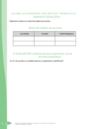 ACCIONES DE CONTINGENCIA PARA RESTITUIR Y REHABILITAR EL
SERVICIO EDUACTIVO
Elaborarlo en base a la matriz del análisis de acciones
Matriz del análisis de acciones
ACCIONES PLAZOS RESPONSABLES
IV EVALUACIÓN (Verificación del cumplimiento de las
acciones propuestas)
“La I.E. de acuerdo a su realidad adecúa su organización y planificación”
90 Educación en Gestión del Riesgo de Desastres para Directores y Docentes de
Instituciones Educativas Seguras
 