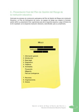 6.- Presentación final del Plan de Gestión del Riesgo de
la institución educativa.
Culminado los procesos de construcción participativa del Plan de Gestión del Riesgo de la Institución
Educativa y el Plan de Contingencia del mismo, los equipos de trabajo que integran la Comisión
podrán definir su presentación final, sugiriéndose para ello el siguiente esquema. Luego el Director de
la I.E lo aprobará con la respectiva resolución directoral y será difundido para su cumplimiento.
TÍTULO
Plan de Gestión del Riesgo de la
Institución Educativa “Abelardo
Gamarra del Callao”
1. Información general.
2. Introducción.
3. Base legal.
4. Diagnóstico.
5. Objetivos.
6. Actividades.
Prevención.
Mitigación.
Plan de Contingencia.
7. Recursos.
8. Organizaciones.
9. Anexos.
Educación en Gestión del Riesgo de Desastres para Directores y 91
Docentes de Instituciones Educativas Seguras
 