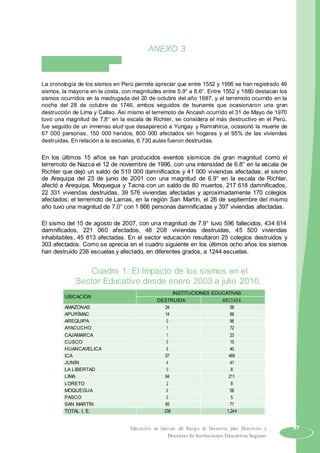 ANEXO 3
ESCENARIOS DE RIESGO
SISMOS Y TSUNAMIS
La cronología de los sismos en Perú permite apreciar que entre 1552 y 1995 se han registrado 49
sismos, la mayoría en la costa, con magnitudes entre 5.9° a 8.6°. Entre 1552 y 1880 destacan los
sismos ocurridos en la madrugada del 20 de octubre del año 1687, y el terremoto ocurrido en la
noche del 28 de octubre de 1746, ambos seguidos de tsunamis que ocasionaron una gran
destrucción de Lima y Callao. Así mismo el terremoto de Ancash ocurrido el 31 de Mayo de 1970
tuvo una magnitud de 7.8° en la escala de Richter, se considera el más destructivo en el Perú,
fue seguido de un inmenso alud que desapareció a Yungay y Ranrahirca, ocasionó la muerte de
67 000 personas, 150 000 heridos, 800 000 afectados sin hogares y el 95% de las viviendas
destruidas. En relación a la escuelas, 6 730 aulas fueron destruidas.
En los últimos 15 años se han producidos eventos sísmicos de gran magnitud como el
terremoto de Nazca el 12 de noviembre de 1996, con una intensidad de 6.8° en la escala de
Richter que dejó un saldo de 510 000 damnificados y 41 000 viviendas afectadas; el sismo
de Arequipa del 23 de junio de 2001 con una magnitud de 6.9° en la escala de Richter,
afectó a Arequipa, Moquegua y Tacna con un saldo de 80 muertos, 217 618 damnificados,
22 331 viviendas destruidas, 39 576 viviendas afectadas y aproximadamente 170 colegios
afectados; el terremoto de Lamas, en la región San Martín, el 26 de septiembre del mismo
año tuvo una magnitud de 7.0° con 1 866 personas damnificadas y 397 viviendas afectadas.
El sismo del 15 de agosto de 2007, con una magnitud de 7.9° tuvo 596 fallecidos, 434 614
damnificados, 221 060 afectados, 48 208 viviendas destruidas, 45 500 viviendas
inhabitables, 45 813 afectadas. En el sector educación resultaron 25 colegios destruidos y
303 afectados. Como se aprecia en el cuadro siguiente en los últimos ocho años los sismos
han destruido 238 escuelas y afectado, en diferentes grados, a 1244 escuelas.
Cuadro 1: El Impacto de los sismos en el
Sector Educativo desde enero 2003 a julio 2010.
UBICACIÓN
INSTITUCIONES EDUCATIVAS
DESTRUIDA AFECTADA
AMAZONAS 24 58
APURÍMAC 14 69
AREQUIPA 0 96
AYACUCHO 1 72
CAJAMARCA 1 23
CUSCO 0 15
HUANCAVELICA 6 40
ICA 57 469
JUNÍN 4 41
LA LIBERTAD 0 8
LIMA 64 211
LORETO 2 8
MOQUEGUA 0 58
PASCO 0 5
SAN MARTÍN 65 71
TOTAL I. E. 238 1,244
Educación en Gestión del Riesgo de Desastres para Directores y 97
Docentes de Instituciones Educativas Seguras
 