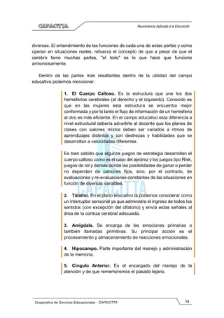 14
Cooperativa de Servicios Educacionales - CAPACITTA
Neurociencia Aplicada a la Educación
diversas. El entendimiento de las funciones de cada una de estas partes y como
operan en situaciones reales, refuerza el concepto de que a pesar de que el
cerebro tiene muchas partes, "el todo" es lo que hace que funcione
armoniosamente.
Dentro de las partes más resaltantes dentro de la utilidad del campo
educativo podemos mencionar:
1. El Cuerpo Calloso. Es la estructura que une los dos
hemisferios cerebrales (el derecho y el izquierdo). Conocido es
que en las mujeres esta estructura se encuentra mejor
conformada y por lo tanto el flujo de información de un hemisferio
al otro es más eficiente. En el campo educativo esta diferencia a
nivel estructural debería advertirle al docente que los planes de
clases con salones mixtos deben ser variados a ritmos de
aprendizajes distintos y con destrezas y habilidades que se
desarrollan a velocidades diferentes.
Es bien sabido que algunos juegos de estrategia desarrollan el
cuerpo calloso como es el caso del ajedrez y los juegos tipo Risk,
juegos de rol y demás donde las posibilidades de ganar o perder
no dependen de patrones fijos, sino, por el contrario, de
evaluaciones y re-evaluaciones constantes de las situaciones en
función de diversas variables.
2. Tálamo. En el plano educativo la podemos considerar como
un interruptor sensorial ya que administra el ingreso de todos los
sentidos (con excepción del olfatorio) y envía estas señales al
área de la corteza cerebral adecuada.
3. Amígdala. Se encarga de las emociones primarias o
también llamadas primitivas. Su principal acción es el
procesamiento y almacenamiento de reacciones emocionales.
4. Hipocampo. Parte importante del manejo y administración
de la memoria.
5. Cíngulo Anterior. Es el encargado del manejo de la
atención y de que rememoremos el pasado lejano.
 