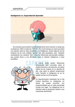 4
Cooperativa de Servicios Educacionales - CAPACITTA
Neurociencia Aplicada a la Educación
Inteligencia vs. Capacidad de Aprender
Es conocido que el cerebro humano puede tener como volumen un rango que
va desde los 1500 cc hasta los 1700 CC. Por mucho tiempo se creyó que había
una relación entre la masa encefálica y la inteligencia. Incluso algunos de los
cerebros de los más notables "genios" han sido estudiados, para, mediante
contrastación con cerebros "tipo", encontrar diferencias estructurales notables,
que puedan llevar a una afirmación sobre la relación inteligencia y masa
encefálica.
A ciencia cierta existen diferencias
estructurales bien conocidas sobre el
cerebro femenino y el masculino, el cuerpo
calloso de las mujeres es un ejemplo de
ello, más sobre la relación proporcional
entre "tamaño" e inteligencia no se ha
podido concluir en forma tajante.
Un descubrimiento importante fue el del
número dendrítico vs. inteligencia, en
donde se puede encontrar una
proporcionalidad que en cierto porcentaje
cumple una regla: "La inteligencia de un
individuo está en proporción directa a sus
conexiones dendríticas".
 