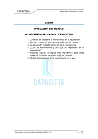 51
Cooperativa de Servicios Educacionales - CAPACITTA
Neurociencia Aplicada a la Educación
ANEXO
EVALUACION DEL MODULO:
NEUROCIENCIA APLICADA A LA EDUCACIÓN
1. ¿Por qué es necesario la Neurociencia en la educación?
2. en que consiste las estructuras y funciones del cerebro
3. La educación necesita realmente de la Neurociencia
4. ¿Qué es Neurociencia y por qué es importante en el
aprendizaje?
5. Describa algunos principios más importantes para usted
sobre los principios del aprendizaje del cerebro
6. Señala la importancia de la Neurociencia en el aula
 