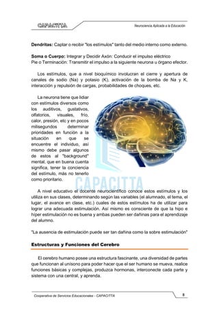 8
Cooperativa de Servicios Educacionales - CAPACITTA
Neurociencia Aplicada a la Educación
Dendritas: Captar o recibir "los estímulos" tanto del medio interno como externo.
Soma o Cuerpo: Integrar y Decidir Axón: Conducir el impulso eléctrico
Pie o Terminación: Transmitir el impulso a la siguiente neurona u órgano efector.
Los estímulos, que a nivel bioquímico involucran el cierre y apertura de
canales de sodio (Na) y potasio (K), activación de la bomba de Na y K,
interacción y repulsión de cargas, probabilidades de choques, etc.
La neurona tiene que lidiar
con estímulos diversos como
los auditivos, gustativos,
olfatorios, visuales, frío,
calor, presión, etc y en pocos
milisegundos determinar
prioridades en función a la
situación en que se
encuentre el individuo, así
mismo debe pasar algunos
de estos al "background"
mental, que en buena cuenta
significa, tener la conciencia
del estímulo, más no tenerlo
como prioritario.
A nivel educativo el docente neurocientífico conoce estos estímulos y los
utiliza en sus clases, determinando según las variables (el alumnado, el tema, el
lugar, el avance en clase, etc.) cuales de estos estímulos ha de utilizar para
lograr una adecuada estimulación. Así mismo es consciente de que la hipo e
híper estimulación no es buena y ambas pueden ser dañinas para el aprendizaje
del alumno.
"La ausencia de estimulación puede ser tan dañina como la sobre estimulación"
Estructuras y Funciones del Cerebro
El cerebro humano posee una estructura fascinante, una diversidad de partes
que funcionan al unísono para poder hacer que el ser humano se mueva, realice
funciones básicas y complejas, produzca hormonas, interconecte cada parte y
sistema con una central, y aprenda.
 