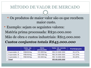MÉTODO DE VALOR DE MERCADO
 Os produtos de maior valor são os que recebem
maior custo.
 Exemplo: sejam os seguintes valores:
Matéria prima processada: R$30.000.000
Mão de obra e custos industriais: R$15.000.000
Custos conjuntos totais R$45.000.000
 